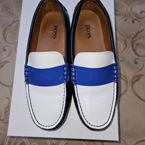 BOSS Boy's White and Blue Leather Loafers